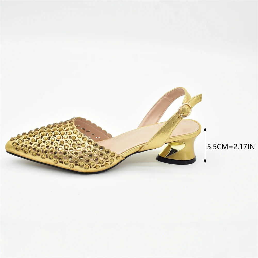 New Fashion Gold Color Italian Shoe with Bag Noble and Elegant Classic Vintage Rhinestone Accessories Ladies Shoes and Bag Set