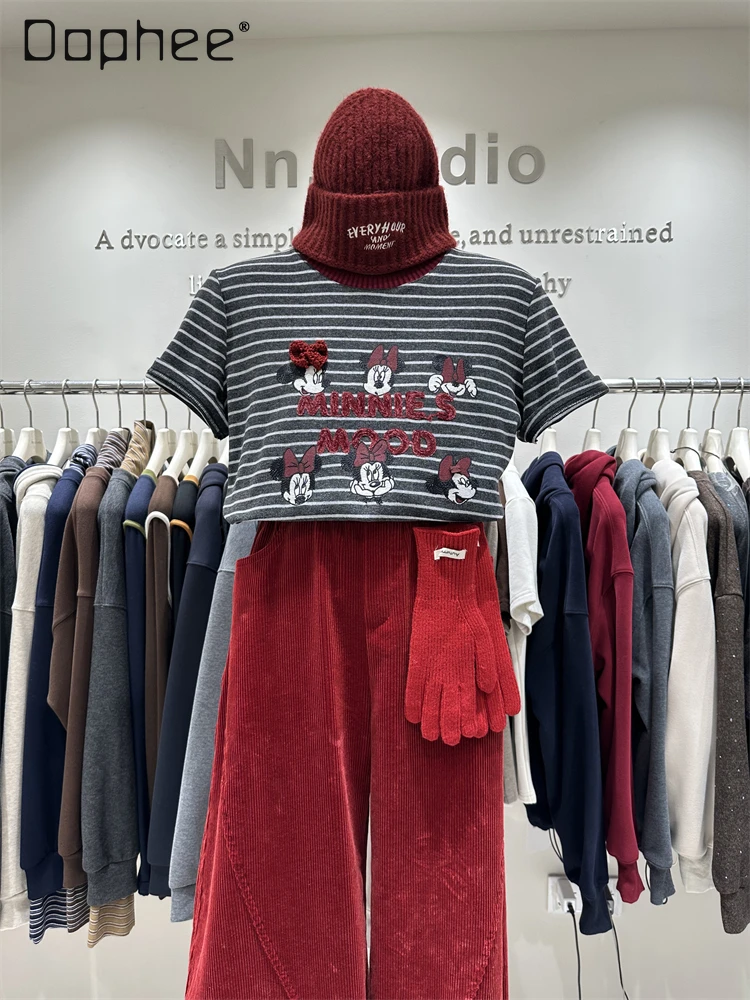 

Double-Sided Brushed Short Sleeve T-Shirt for Women 2025 Autumn Winter New Design Embroidered Striped Round Neck Top