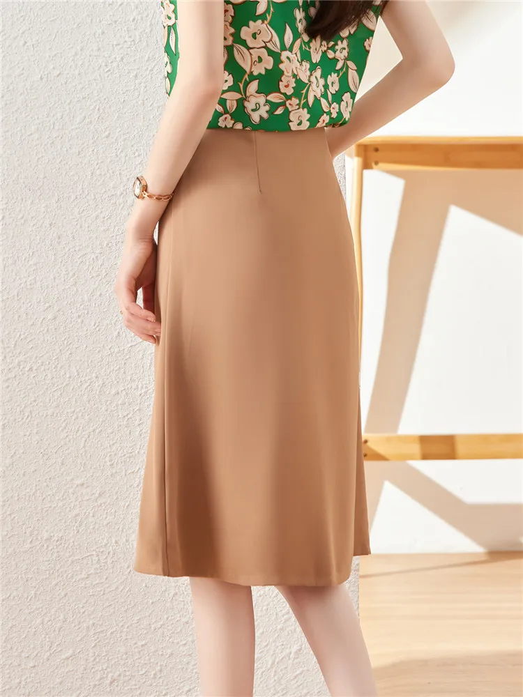 Women's A-Line Skirt Midi White Korean Fashion Elegant OL High Waist Office Lady Khaki Black White Summer 2024