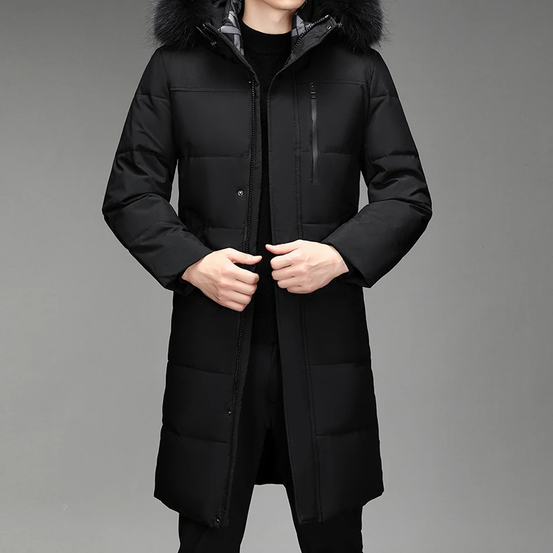 

Модный удлиненный мужской пуховик в рабочем стиле до колен, из полиэстера (90% белый пух)