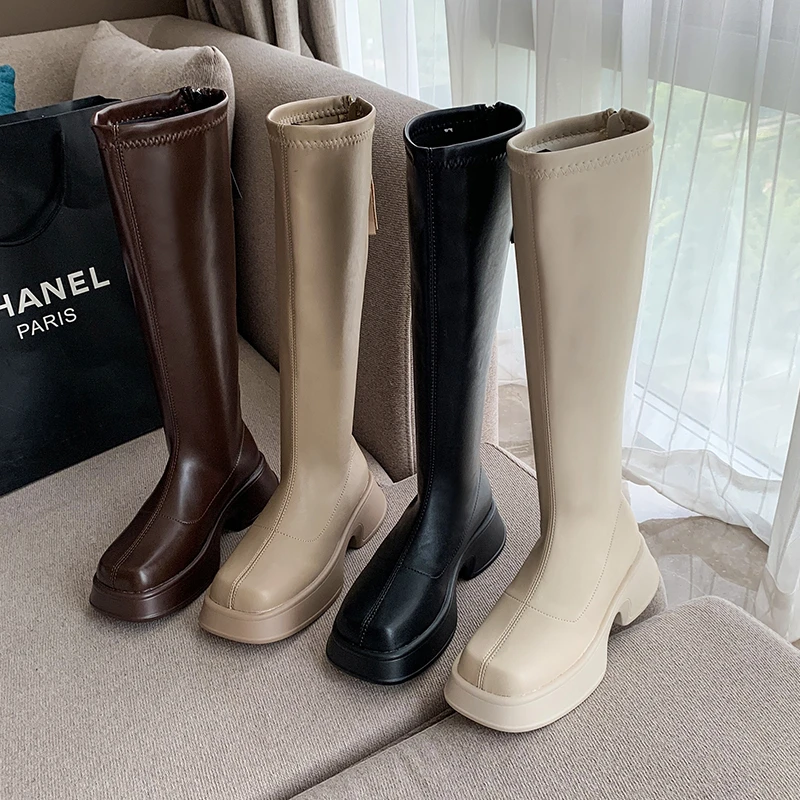 

2023 Autumn Winter Women's Long Boots Black Zipper Soft Leather Knee High Boots Female Fashion Platform Motorcycle Botas Mujer