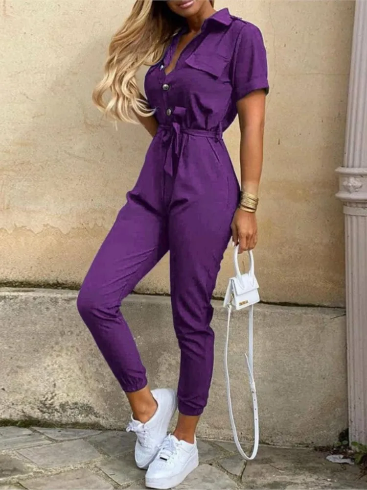 Summer Women\'s New Fashion Flip Collar Button Print Belt Lace Up Work Dress Casual Capris Jumpsuit Office