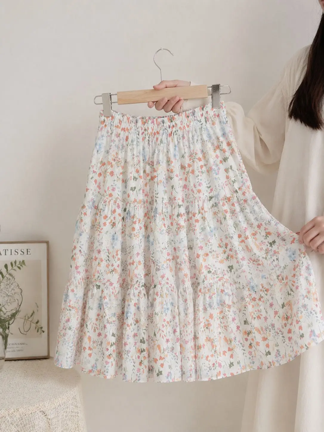 Summer Kids Floral Cake Skirt Girls Elastic Waist Tiered Midi Skirt Princess Flowy Long Skirt For Big Girls 120-160cm Height