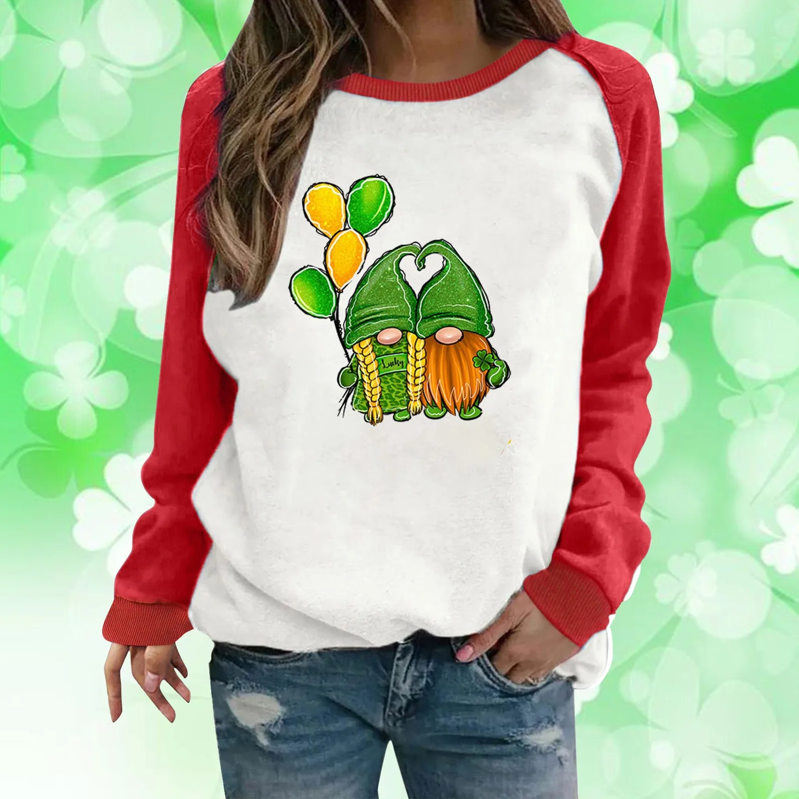 

Cute Cartoon Gnomes Women Pullovers Shirt 3.17 St. Patrick's Day Dwarf Graphic Patchwork Long Sleeve Crew Neck Sweatshirt 2024