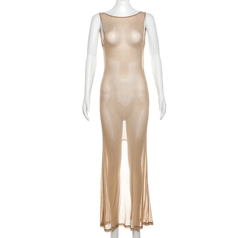 Maemukilabe-vestido coqueta de lencería transparente para mujer, vestido Sexy de fiesta para discoteca, brillante, sin mangas, sin espalda, ajustado, Maxi, pareo exótico