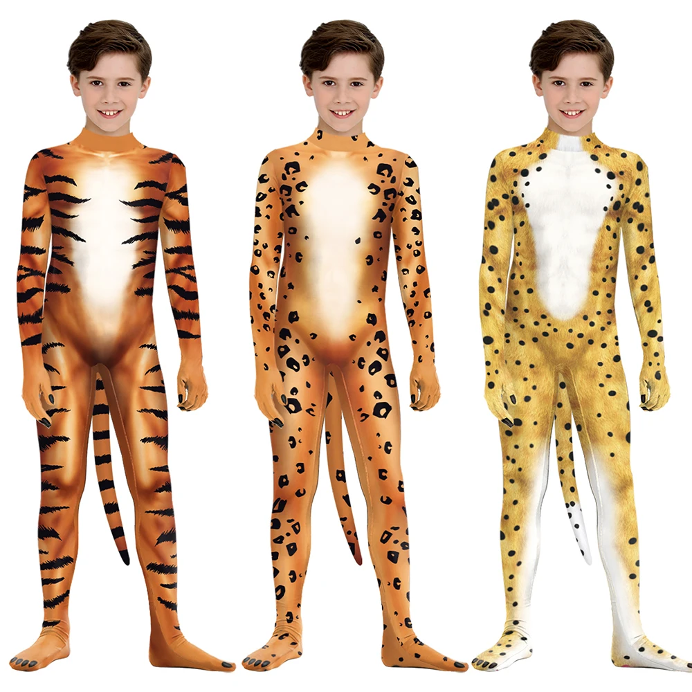 

Zawaland Cosplay animal Costume full bodysuits Kid Clothing 3D Printed Leopard tiger Costume Catsuit Jumpsuits Halloween Zentai