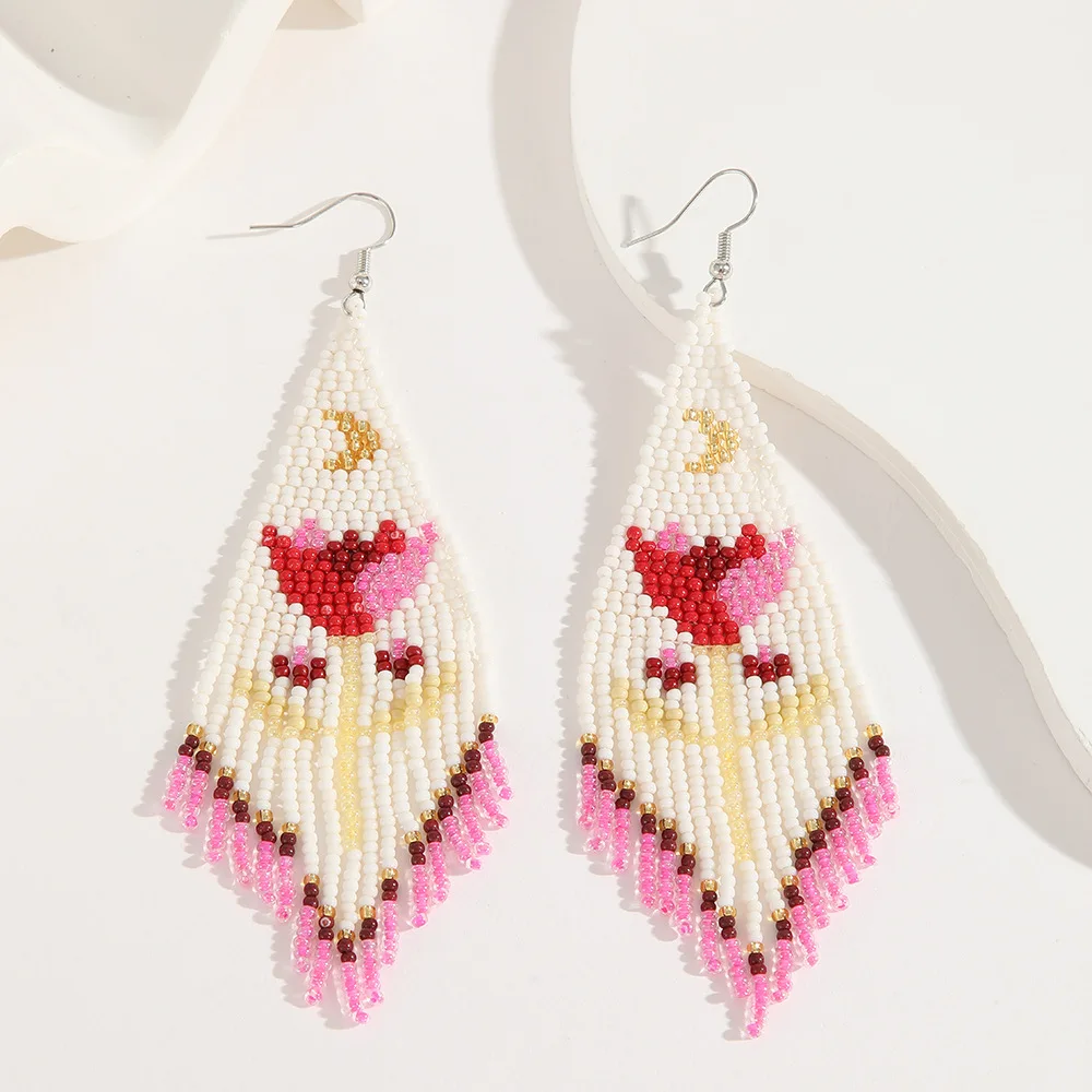 

2025 Handmade Bead Earrings Tassel Gradient Color Hand Knitting Flowers Bohemia Golden Moon Simple Beaded Earrings for Women