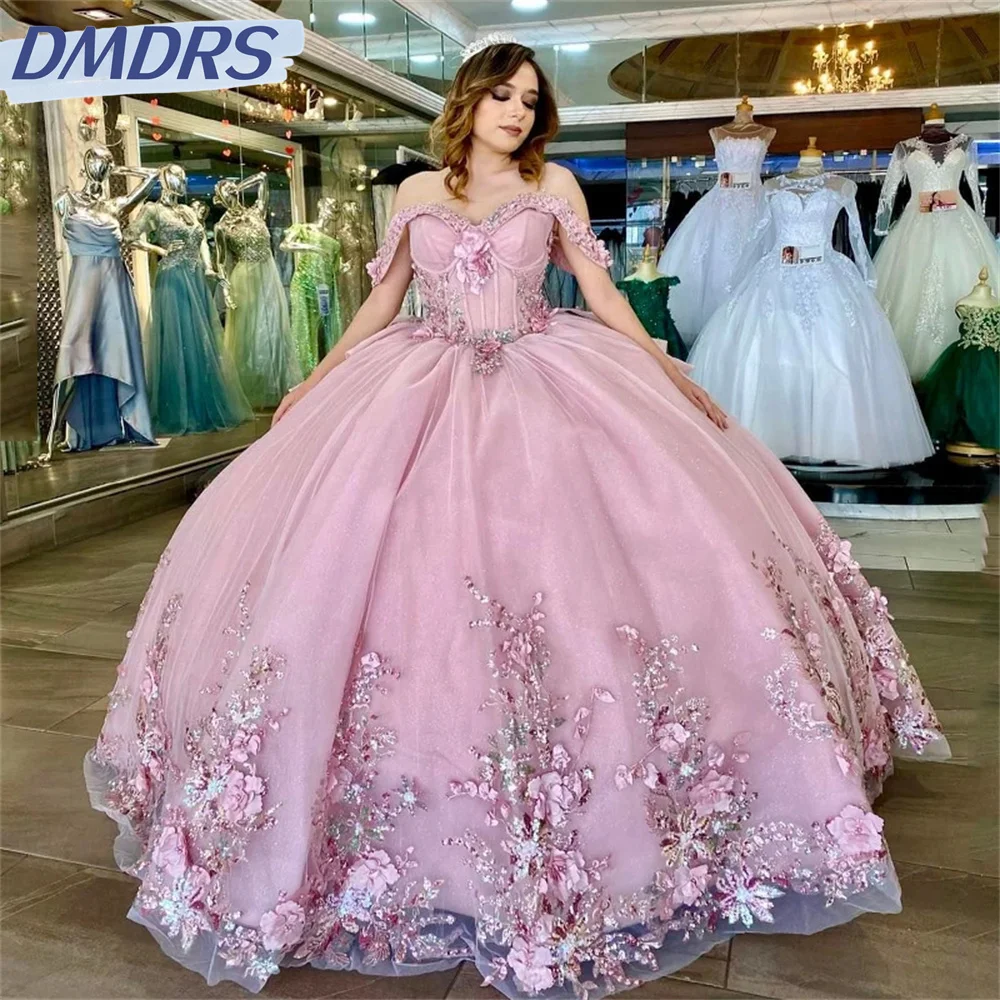 Vestidos Quinceanera fora do ombro, elegante vestido de baile, manga comprida, brilhante, apliques florais 3D clássicos, doce vestido de 16 anos, 2024