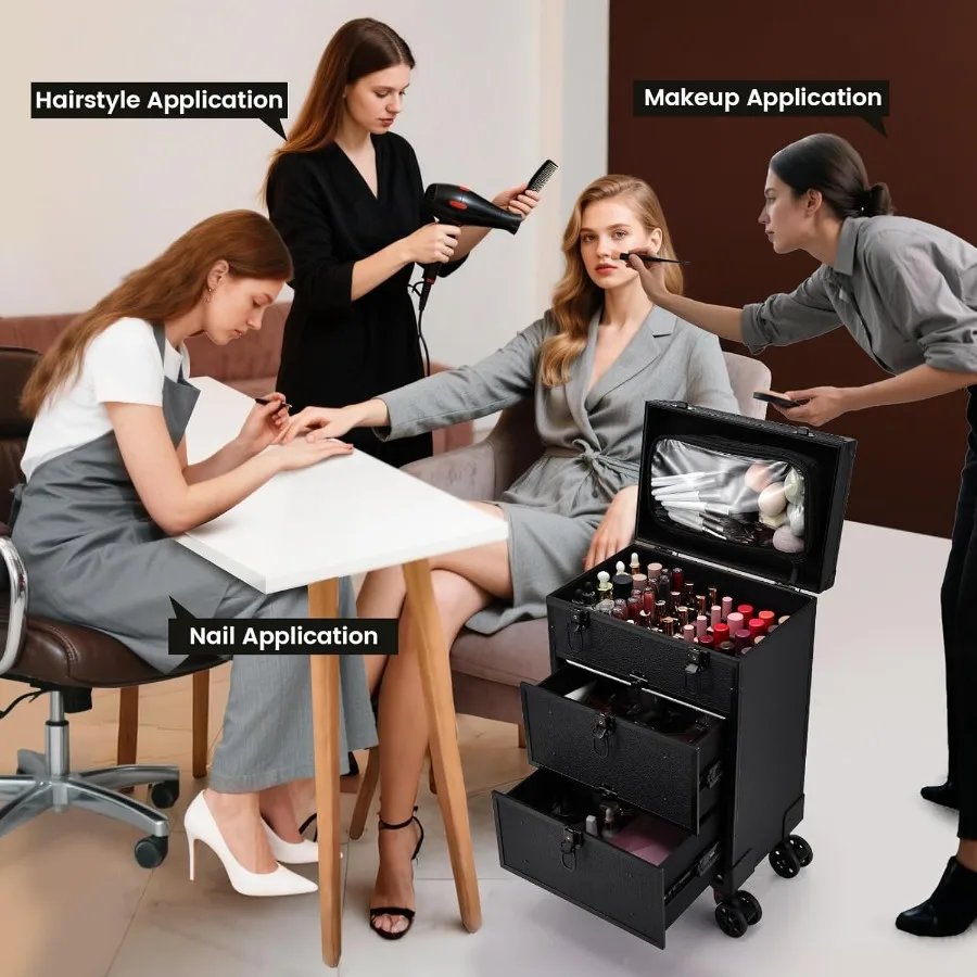 Koper Rias Profesional 3 in 1 Beroda, Koper Kosmetik dengan Roda, Koper Rias untuk Perjalanan, Koper Rias dengan Tas Rias