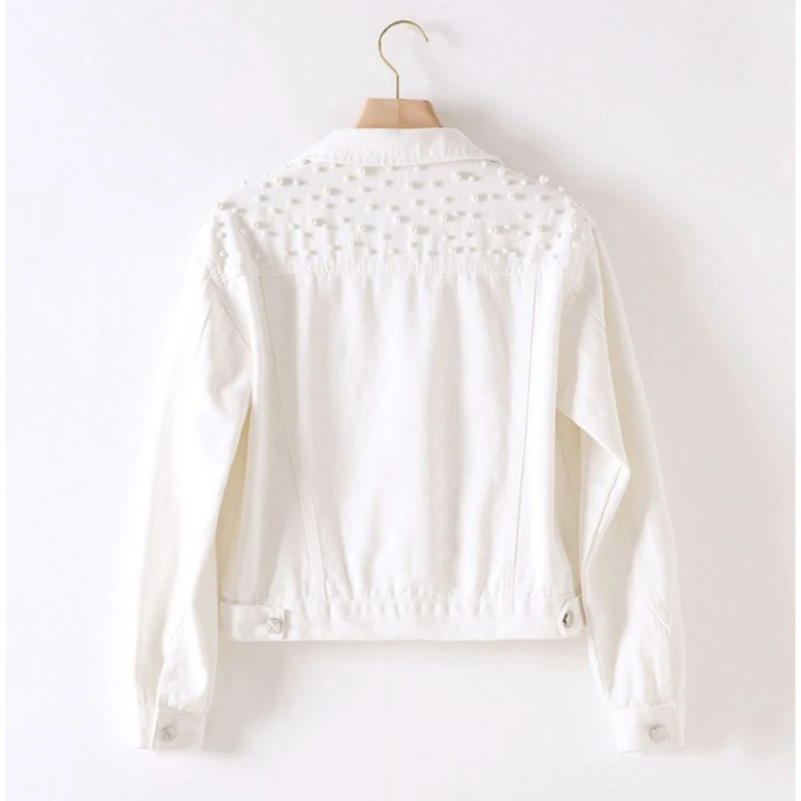 Womens Fashion Boho Denim Jacket Oversized Cropped Coat with Pearl Embellished Lapel And Flap Pockets for Casual Daily Wear