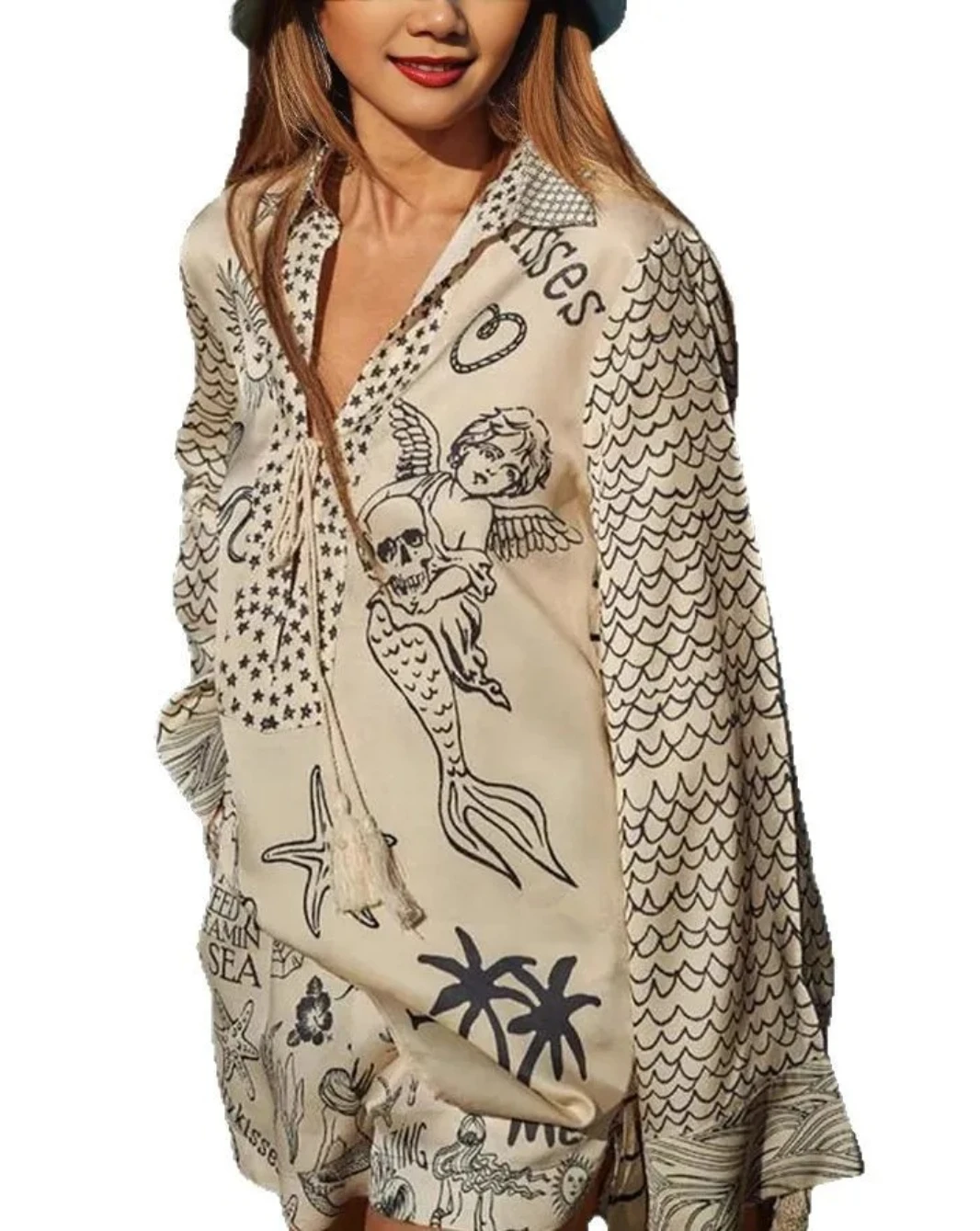 طقم نسائي مكون من قطعتين على الشاطئ لعام 2026 - بدلة سباحة مع غطاء صوفية من الساتان المطبوع، فستان كاجوال على الموضة الصيفية بوهو