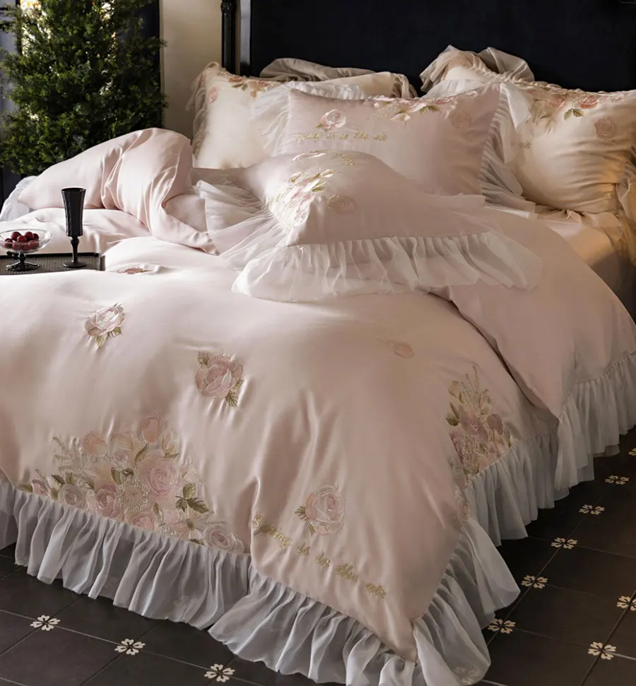 Romantic embroidery flower pink purple champagne bed set,full queen king cotton home textile bed sheet pillow case duvet cover