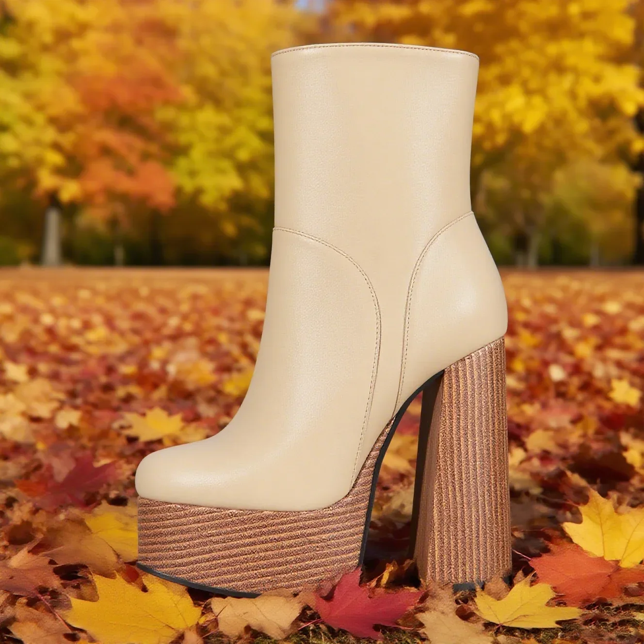 Platform Block Heel Ankle Booties Matte Nude Black Leather Zipper Round Toe Handmade Dress Women Shoes Square High Heel Winter