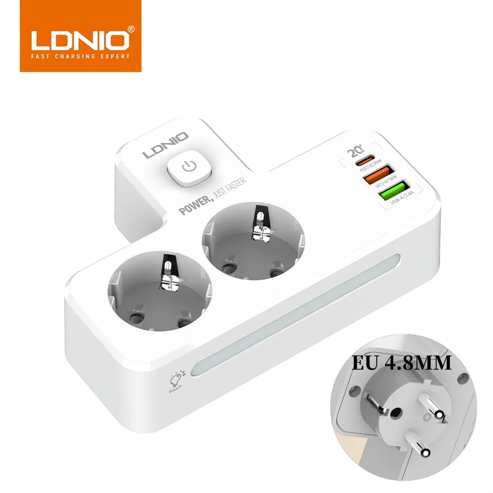 LDNIO Stekkerdoos Europese Stekkerverlenging Met 20 W PD 3 USB 2AC Outlet Extender Adapter Touch Nachtlampje EU Standaard Stopcontact