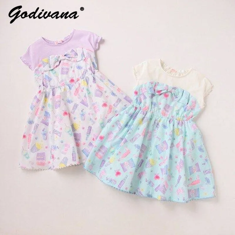 

2026 New Summer Japanese Cute Girls Fake Two-piece Dress Childrens All over Print Ice Cream Bow Ruffle Short Sleeve Dresses