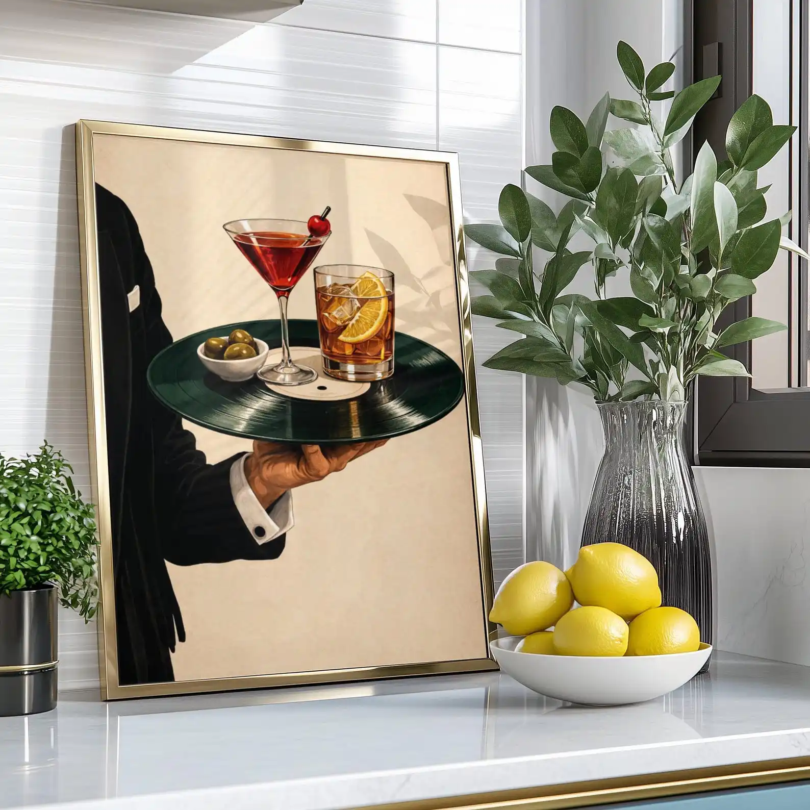 A vinyl cocktail tray poster decoration, suit waiter hand, Martini vintage, medieval bar mural poster decoration