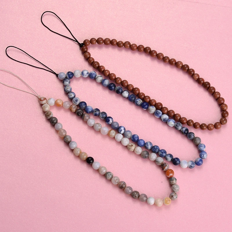 Natural Stone Beaded Cord Lanyard Telephone Straps Yolk Stone Tourmaline Beads For Women Mobile Phone Chain Jewelry Accessories