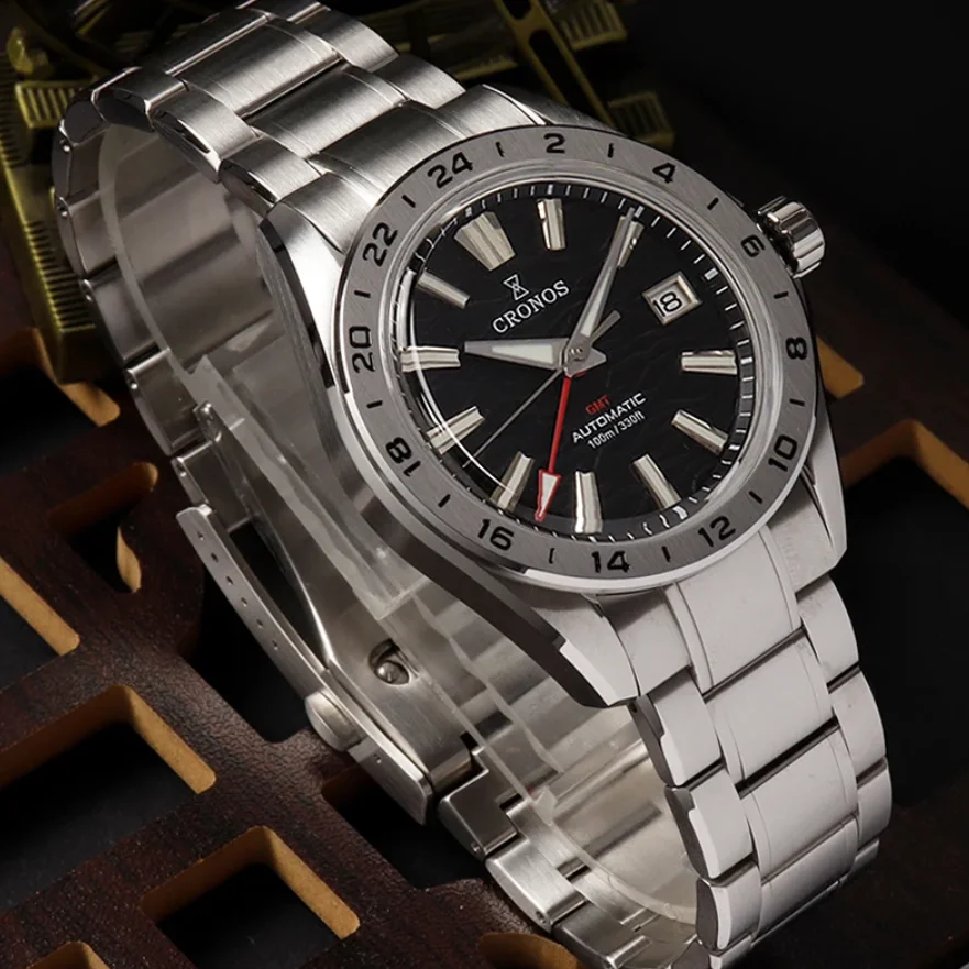 CRONOS Men Automatic Watch 39mm GMT Mechanical Wristwatch Sapphire Mirror Diver 100M Waterproof BGW-9 Luminous NH34 Desert Dial