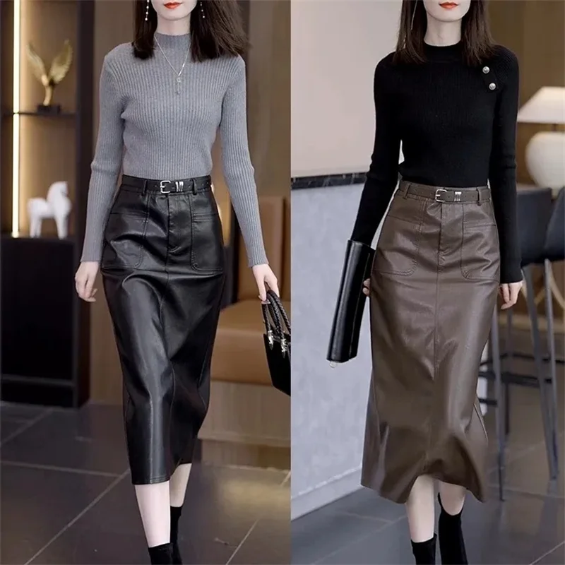 

Autumn Winter Mid-Long PU Leather Skirt 2025 New Women's Clothes Sheath Dress Solid Color Fashion Female Straight Split Skirt