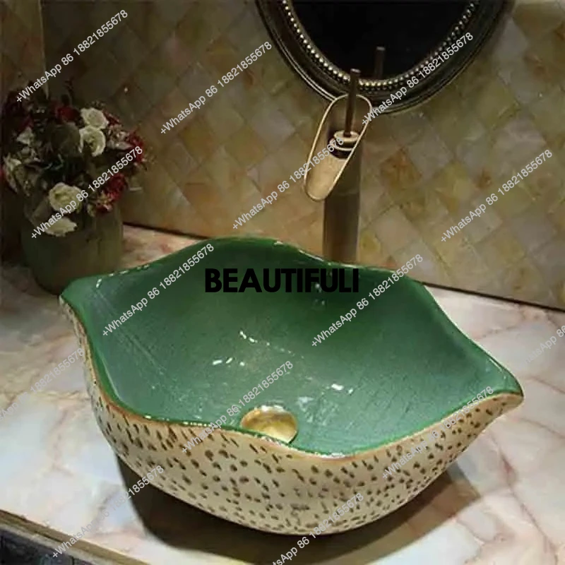 Ceramic Basin Retro Leaf Art Basin Chinese Style Antique Shaped Wash Basin Balcony Hand Wash Sinks Personality Countertop Sinks