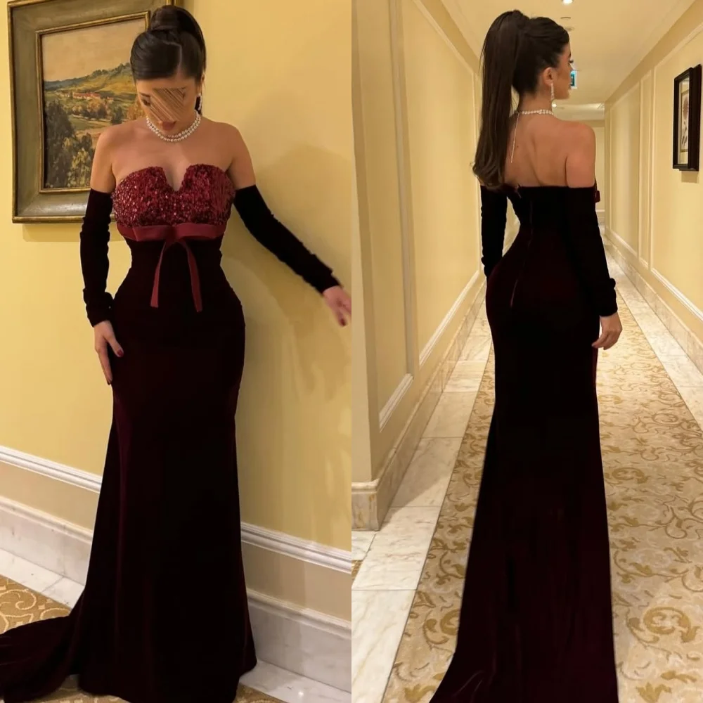 

Customized Formal Velour Pleat Sequined Bow Trumpet Sweetheart Long Dresses Bespoke Occasion Prom Sizes Available
