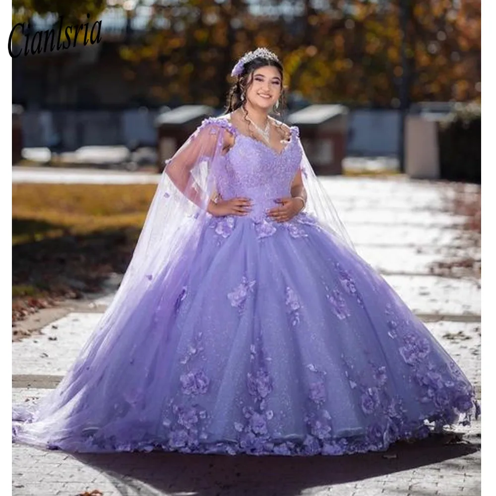 Gaun Bola Appliques Gaun Quinceanera Berenda Lavender Ungu Korset Punggung Vestido 15 Gaun Pesta Wisuda Pertunangan