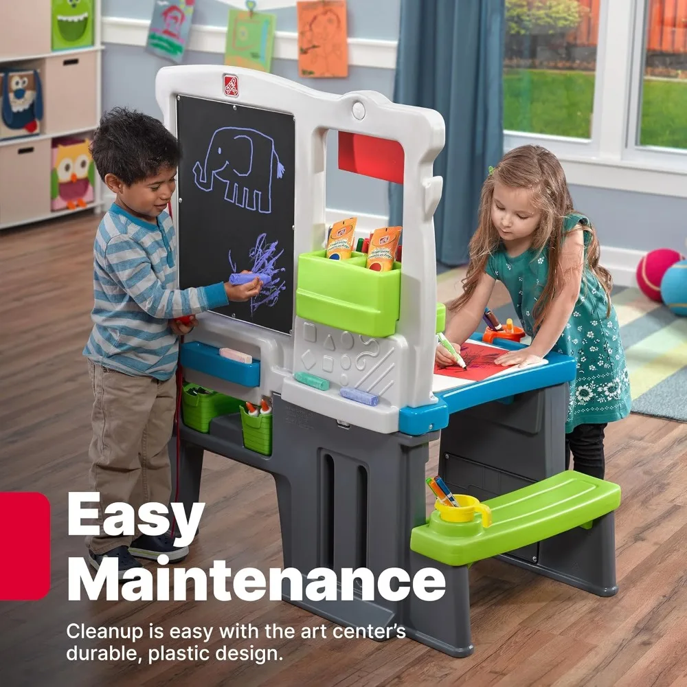 Kids Art Center Activity Table with Bench, Magnetic Dry-Erase & Chalk Board, Durable Plastic for Toddlers 3+ Years