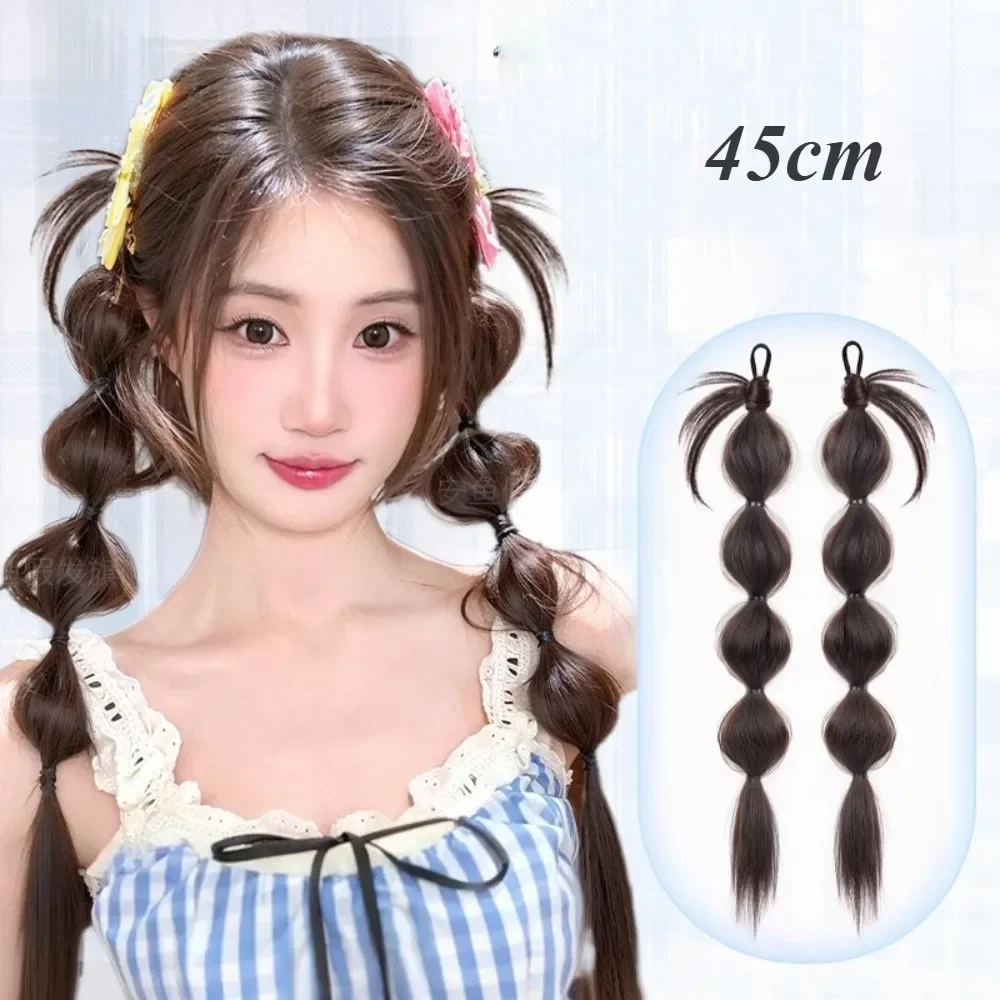 

2pcs Y2k Synthetic Braid Summer Fluffy Chicken Feather Wig Ponytail Double Ponytail Flower Bud Bubble Simulated Hair Accessories