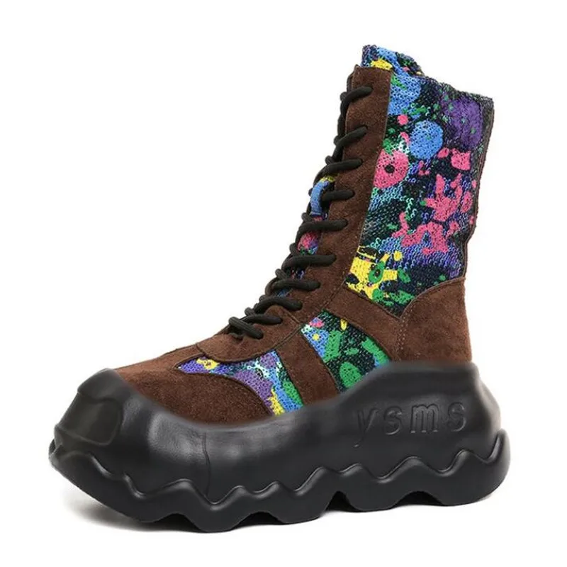 

Роскошные женские ботинки на платформе, дизайнерские готические крутые мотоциклетные блестящие женские ботинки, уличная черная женская обувь в стиле панк, ковбойские сапоги для женщин