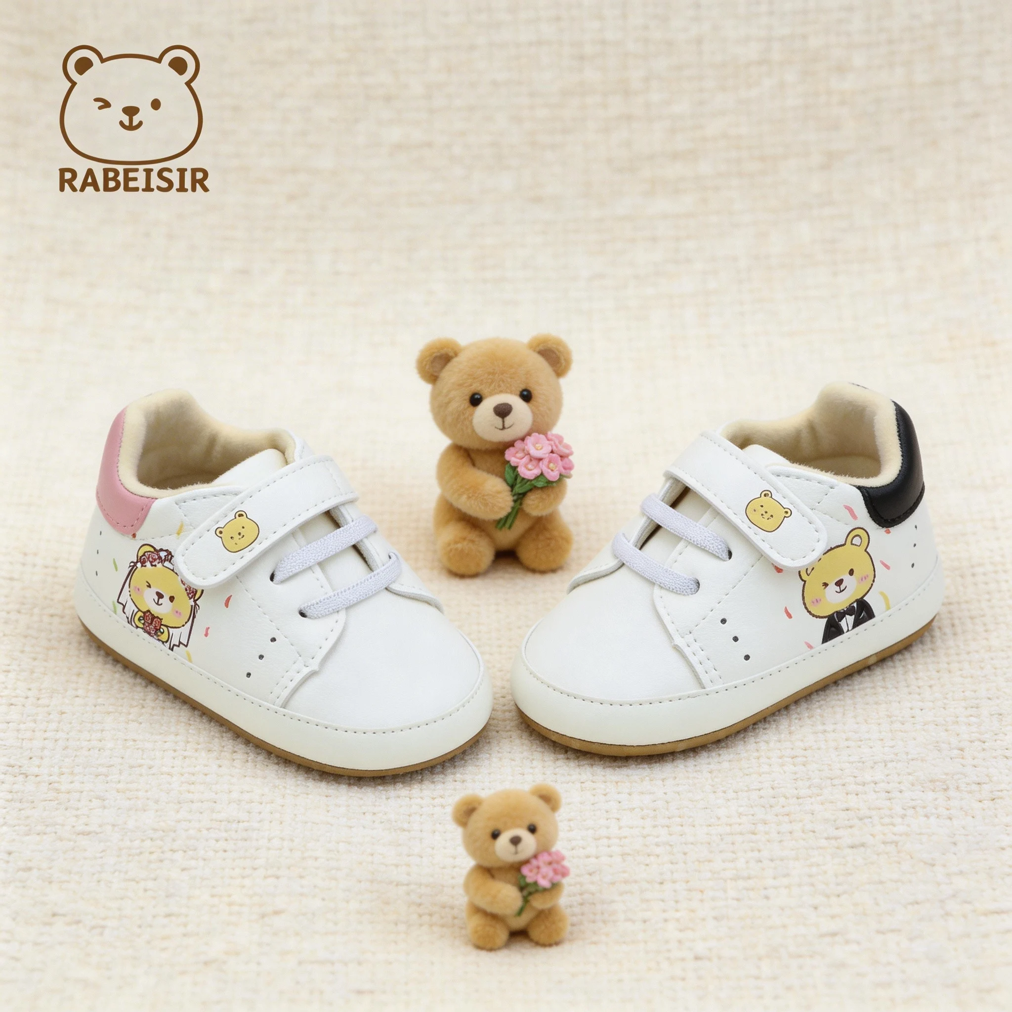 Cartoon Bride Groom Bear Print Baby Pre‑walking Shoes 0‑18 Months Hook&Loop Design Soft Sole Infant Crib First Walker Shoes