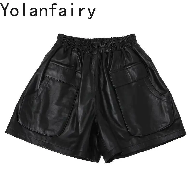 

YOLANFAIRY Genuine Sheepskin Leather Shorts for Women Korean Style Wide Leg Black Shorts Big Pockets Real Leather Boot Pants