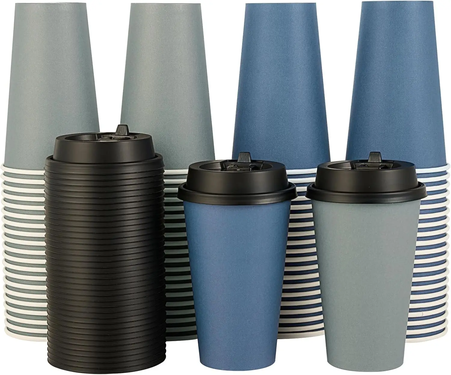 

100 Pack 16 oz Disposable Paper Coffee Cups with Lids for Coffee, Water, Juice, or Tea, Blue and Gray Hot Paper Cups for