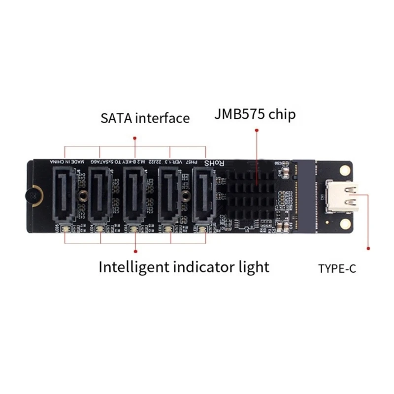 M.2 to 5 Port SATA3.0 Adapter, 6Gbps Throughput Super Speed Aluminum Heat Sink