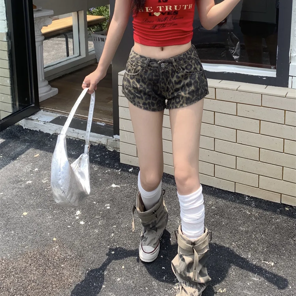 レディース Y2K ハイウエスト ジッパー ショートパンツ ファッション レオパード柄 ポケット付き ショートパンツ 2025 夏 ハイストリート シック
