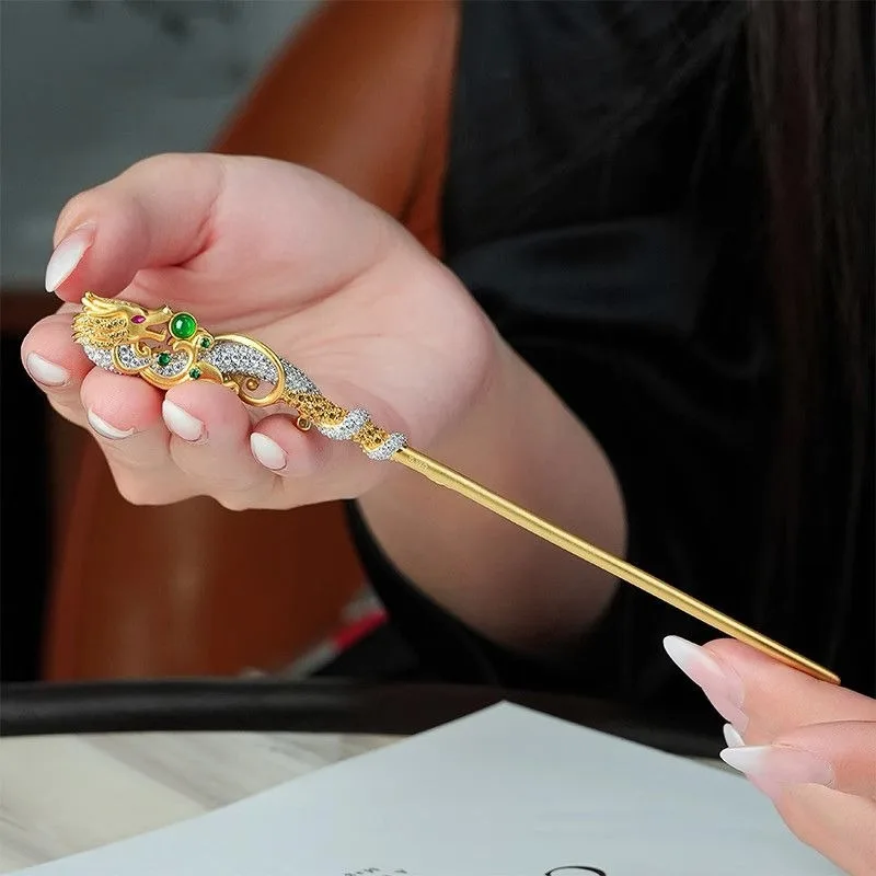 ‌Vintage Jadeite Green Chalcedony Dragon Hairpin Neo-Chinese Majestic Cultural Jewelry Adornment Ladies Updo Styling Elegant‌