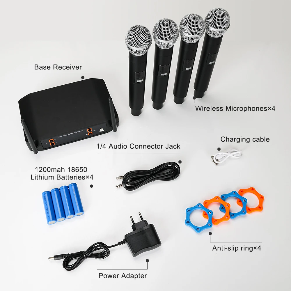 Système de microphone sans fil UHF, 4 micros dynamiques à main, 4x1200mAh, récepteur aste pour karaoké, PA, DJ Party