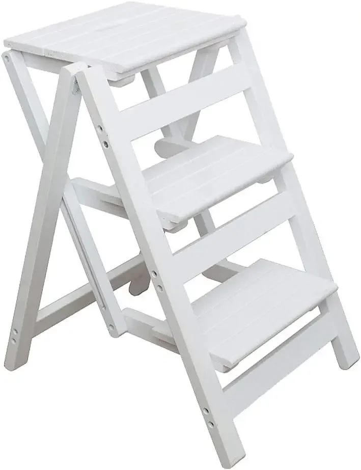 Stool for Adults/Step Ladder/Counter Chair, 3-Step Folding Portable Wooden Step Stool, Anti-Slip & Lightweight (White)