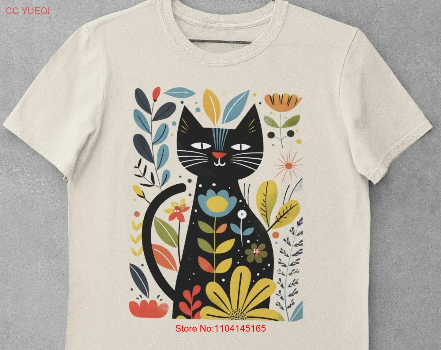 Artful CaT T Shirt Matisse Inspired Vibrant Cut Out Style Playful with Flowers Bold Colors Artistic Design Lover Cheerful Art