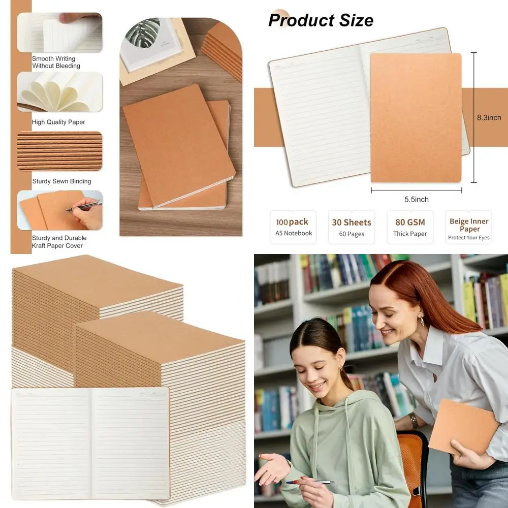 

Набор из 100 тетрадей формата А5 в линейку, 8,3x5,5 дюймов, 60 страниц, 80 г/м², идеально подходят для путешествий, школы и офиса