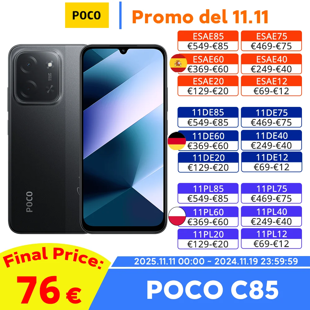 الإصدار العالمي POCO C85 الهاتف الذكي 6.9 "Dot Drop Display 50MP Al كاميرا مزدوجة 6000mAh بطارية كبيرة 33W شحن سريع Xiaomi Hype