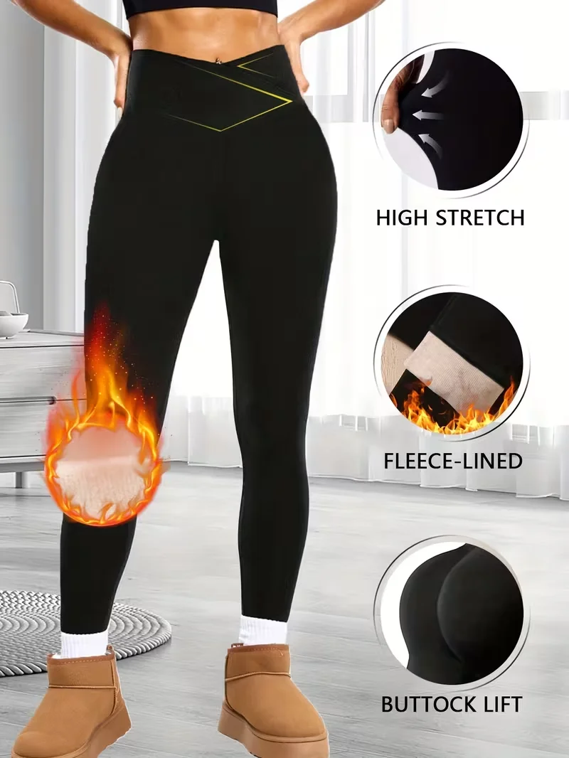 Women's Thick Soft Cross-Waist V-Waist Tummy-Control Fleece Yoga Leggings - Thermal Running Workout Slimming Tights,Jeans（New）