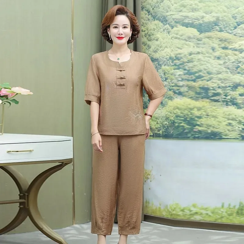 

Women Chinese Style 2PCS Set Cotton Linen Top Pants for Middle-aged Summer