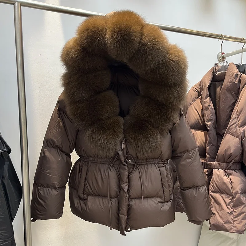 Women's Thiened ort down Jaet 2025 New l  Fur Collar Hooded Waist-Cinching Warm Outerwear Korean Sle Commute