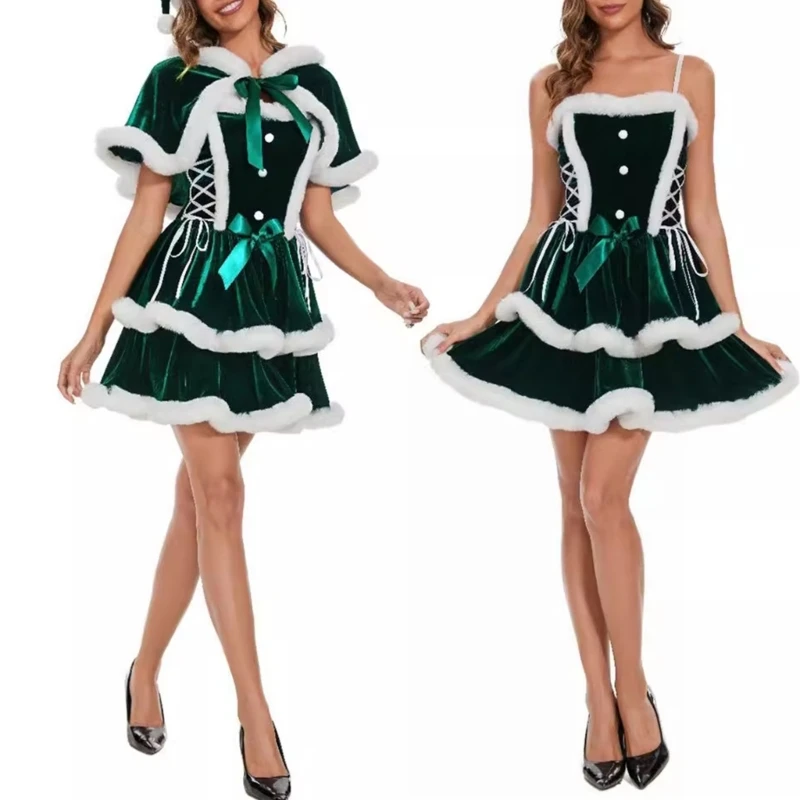 Womens Christmas Party Velvets Swing Short Dress and Hooded Cloak Cape Holiday Role Playing Santa Dress