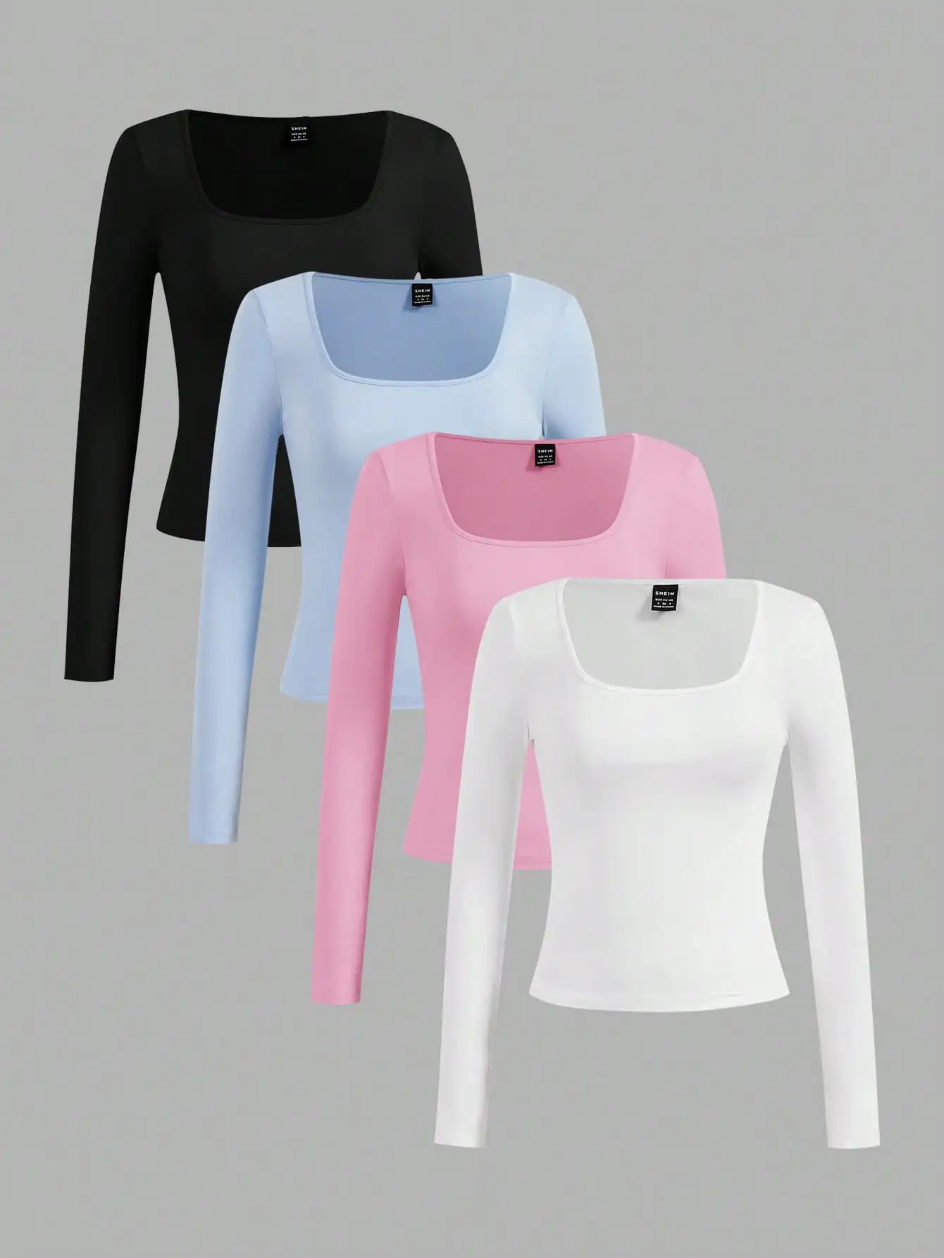 

4-Pack Women's Square Neck Long Sleeve T-Shirts, Solid Colors, Soft Stretch Fit