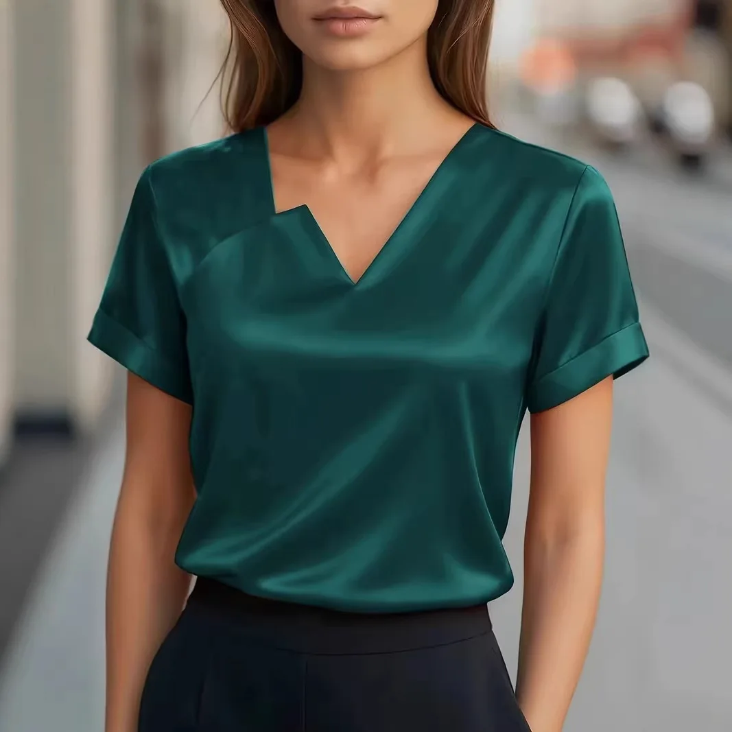 2026 Summer Women's Commuting Satin Asymmetric V-Neck Short Sleeve Shirt for Women