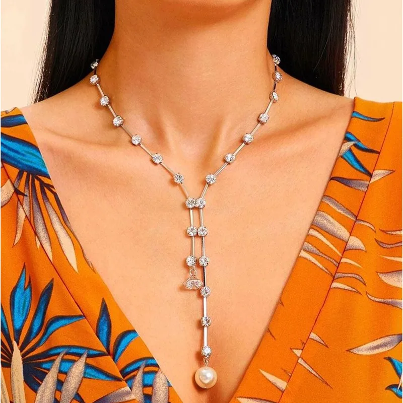

Simple Temperament Fringed Rhinestone Zircon Long Necklace Women's Daily Wind Light Luxury Sexy Neck Chain Collarbone Chain Thin