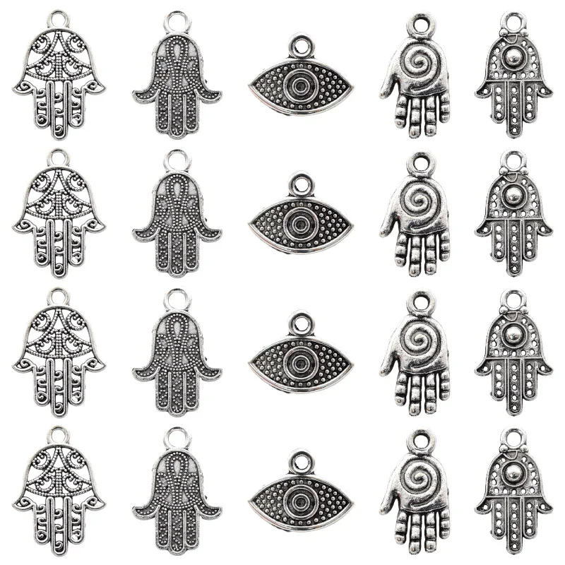 20pcs Mixed Vintage Hand Evil Eye Charms Alloy Metal Hamsa Pendants For DIY Bracelet Necklace Accessories Jewelry Making