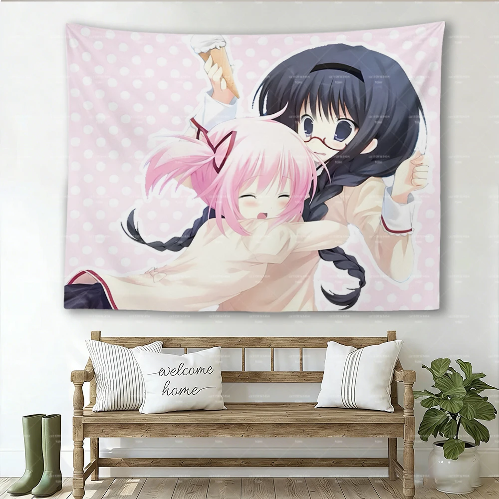 P-Puella M-Magi Madoka Magica Tapestry, Madoka Homura Hug Pink Polka Dot Anime Wall Hanging Bedroom Decor