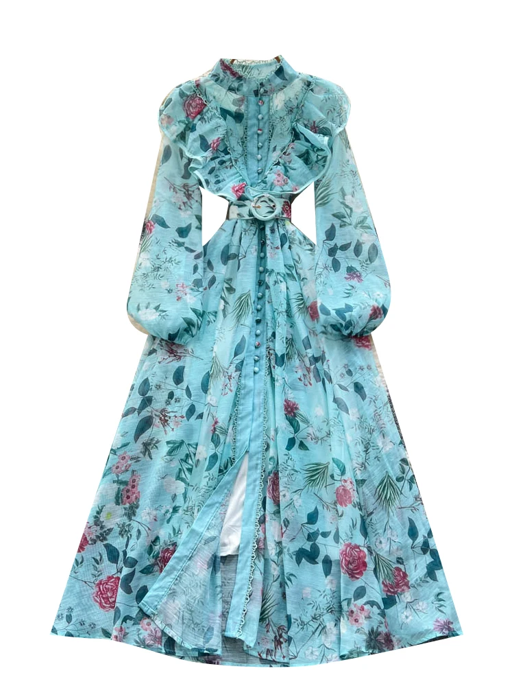 Ele Aosphere feminino Dr luxo com cinto cintura estampada saia longa cintura alta fibra de poliéster verão Ci commute linha A